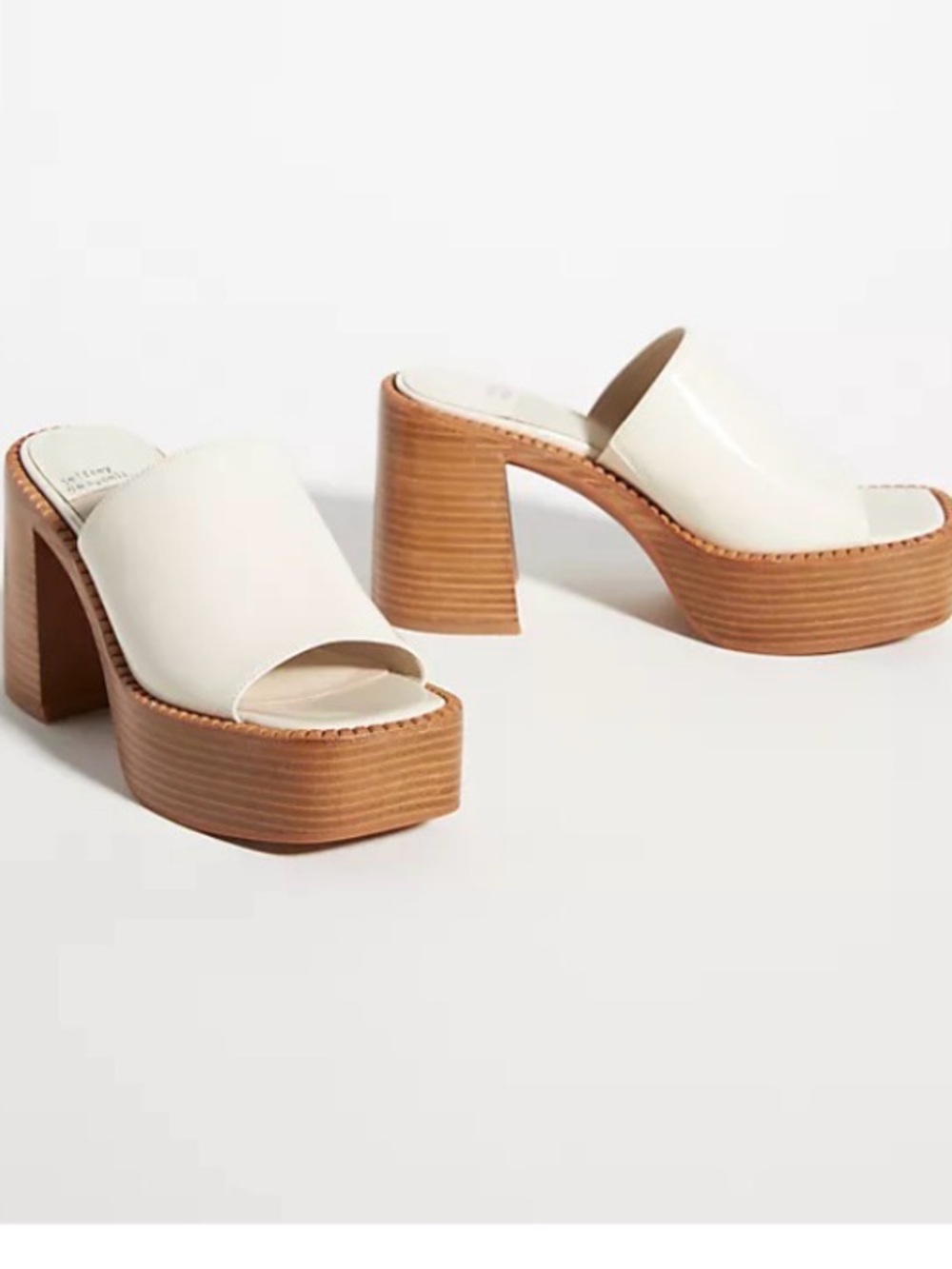 Jeffrey Campbell Platform Slide Mules in Cream with Wood-Effect Heel